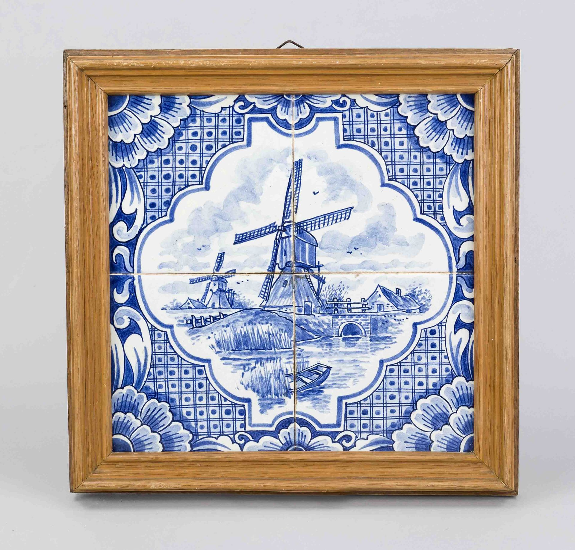 Tile tableau, Holland 20th century, cobalt blue decoration with windmill in matching curved