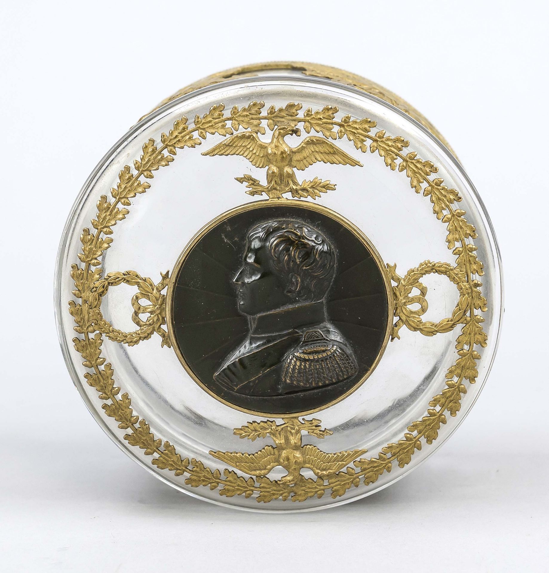 Napoleon lidded box, c. 1900, glass with brass relief, various antique-style depictions, lions - Image 2 of 2