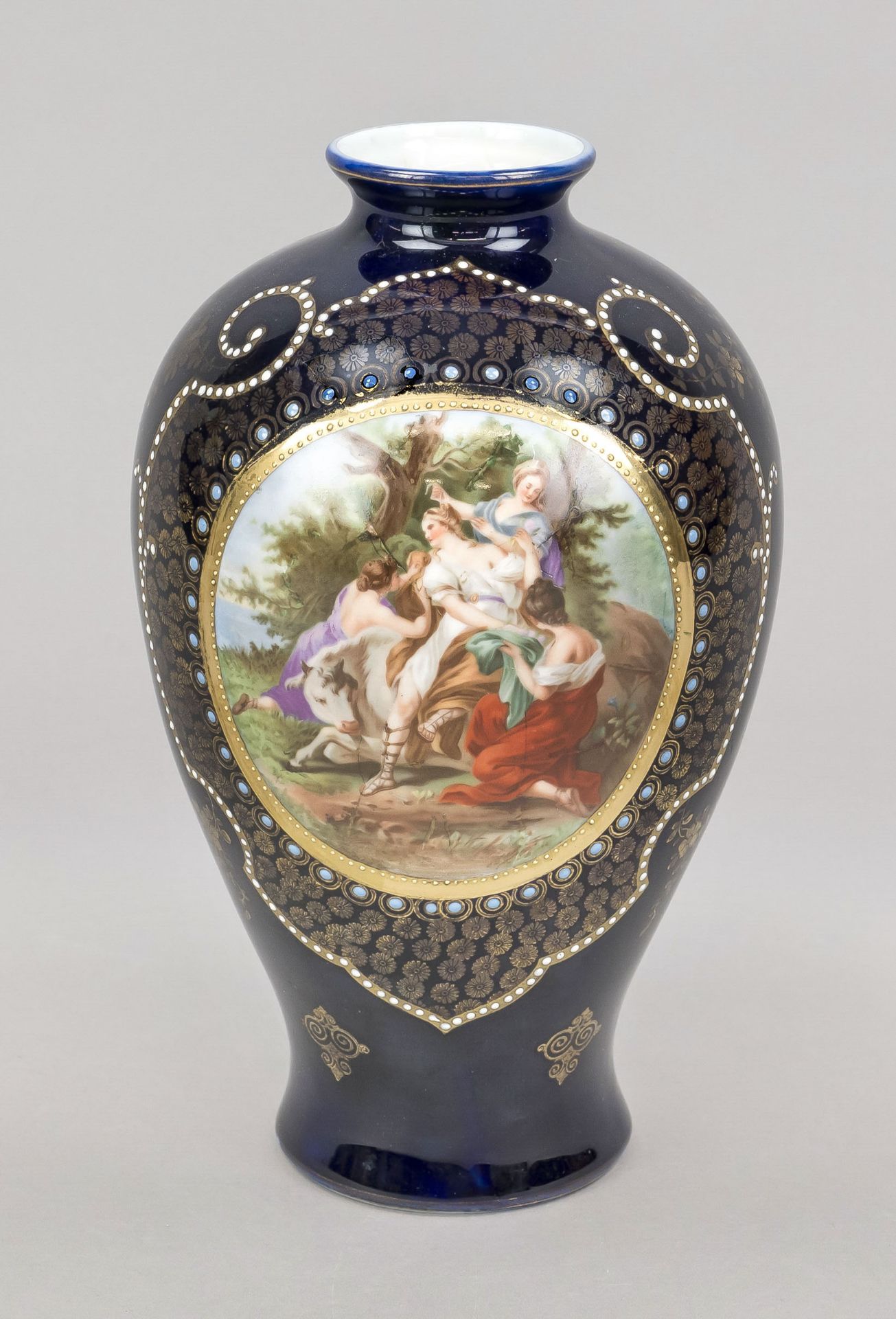 Vase in old Viennese style, Ernst Wahliss, Turn/Bohemia, c. 1900, baluster form, oval reserve with