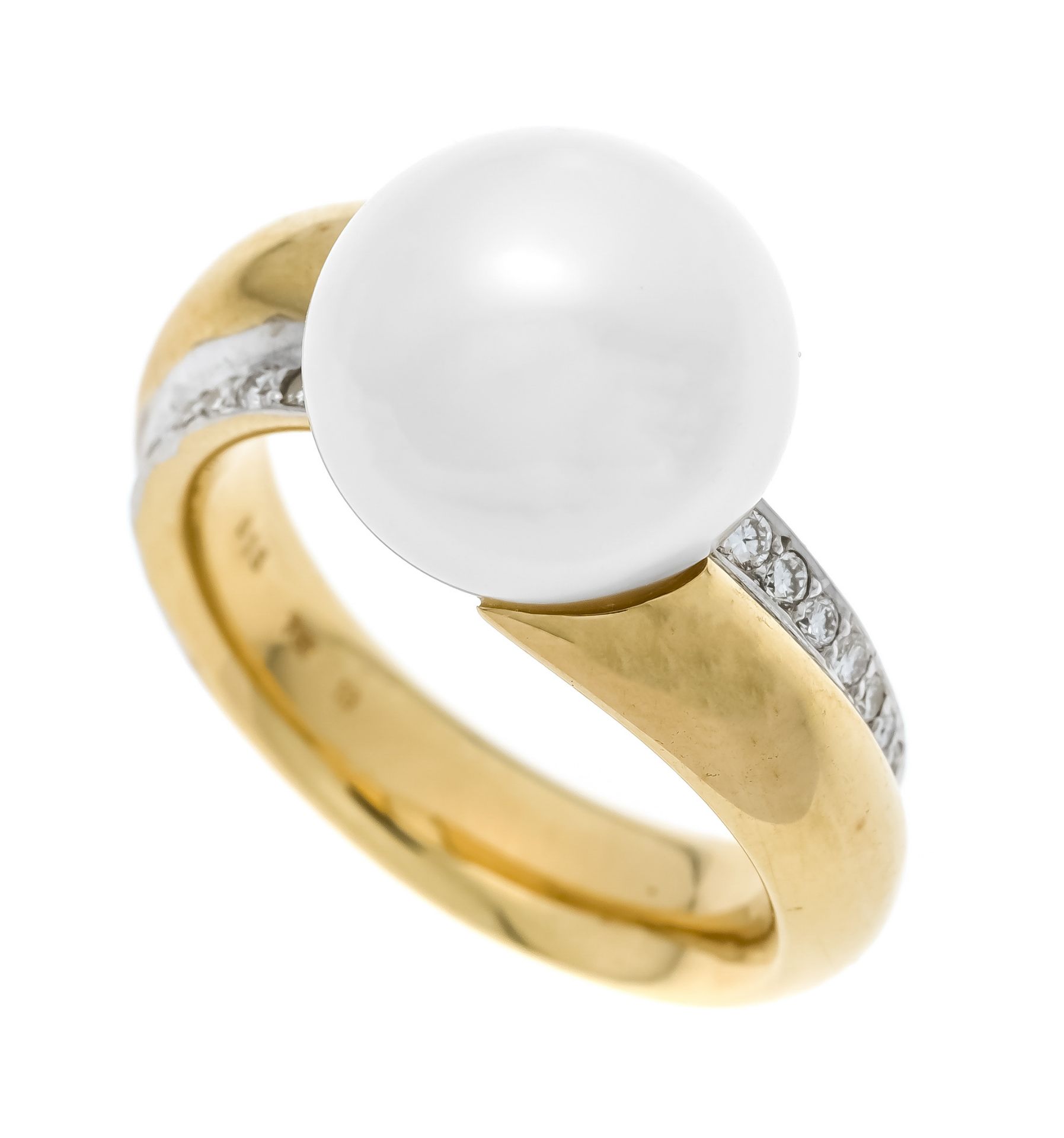 South Sea pearl diamond ring GG/WG 750/000 with a white, slightly elipse-shaped South Sea pearl 12.5