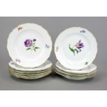 Eleven dinner plates, Meissen, 20th century, Deputat, New cut-out shape, polychrome flower painting,