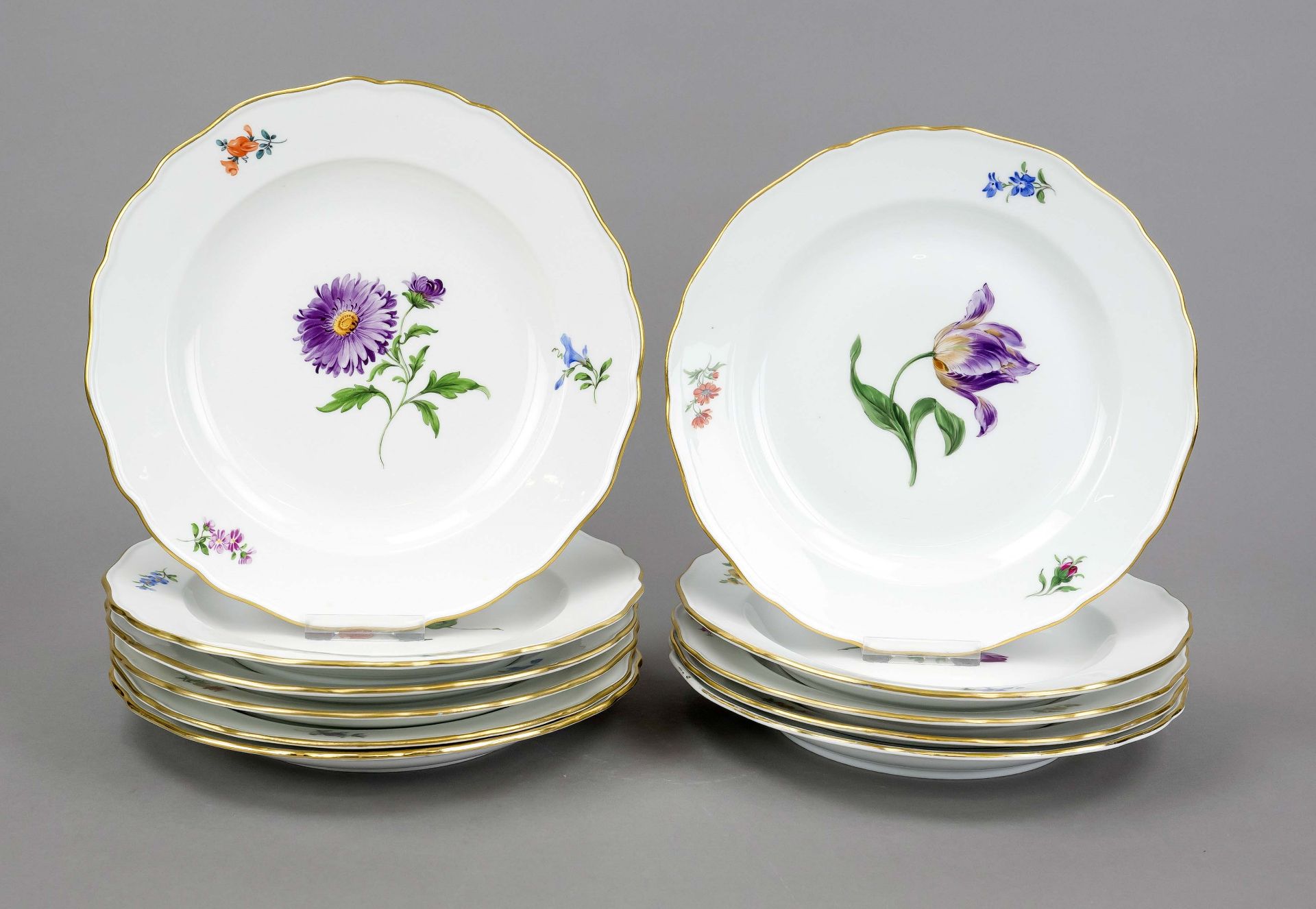 Eleven dinner plates, Meissen, 20th century, Deputat, New cut-out shape, polychrome flower painting,