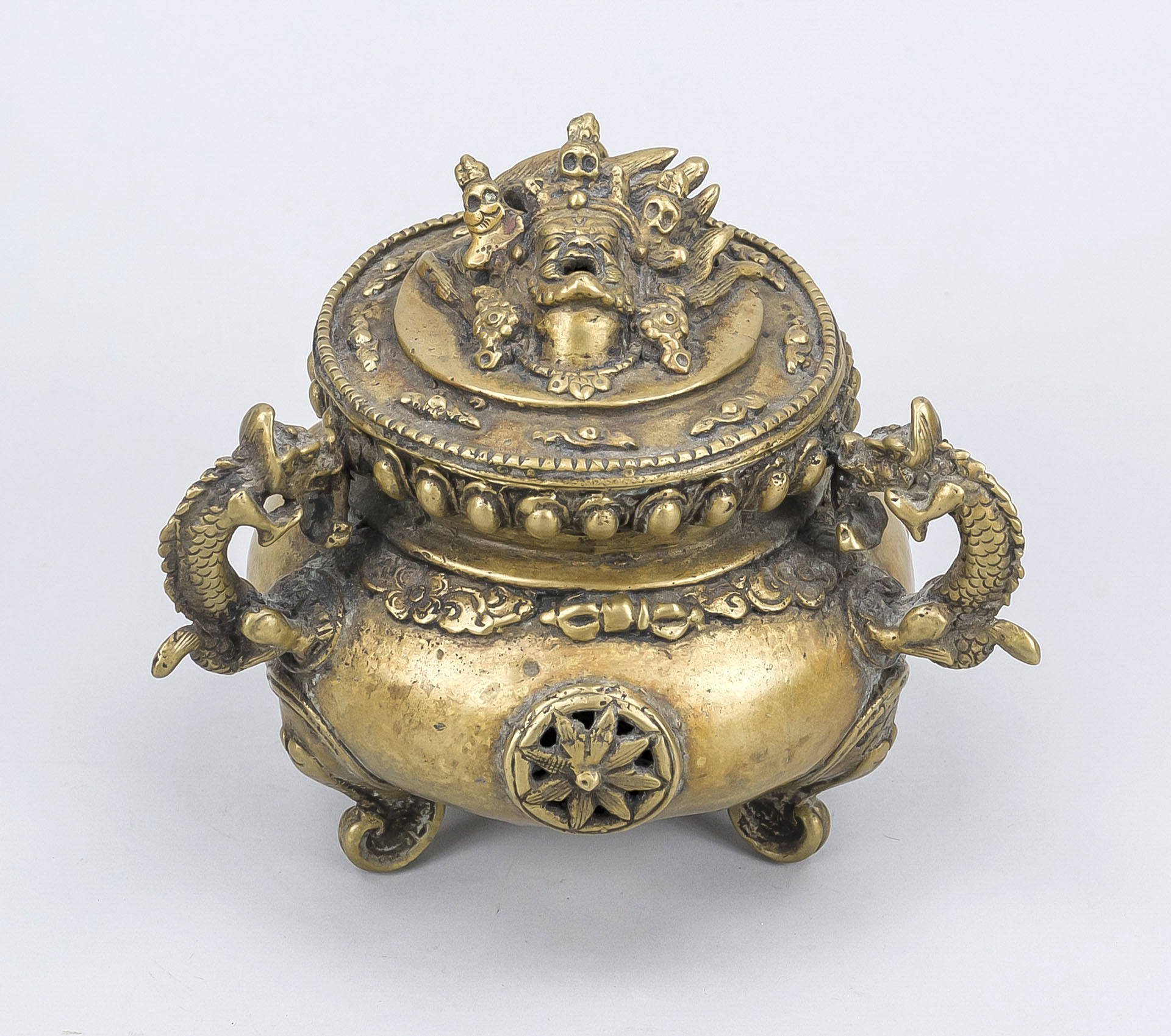 Censer, Tibet/China, bronze. Exact age unknown. Bellied body with relief decoration, lid with