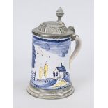 Faience jug, around 1800, with pewter lid mounting. Cylindrical body, polychrome painted with