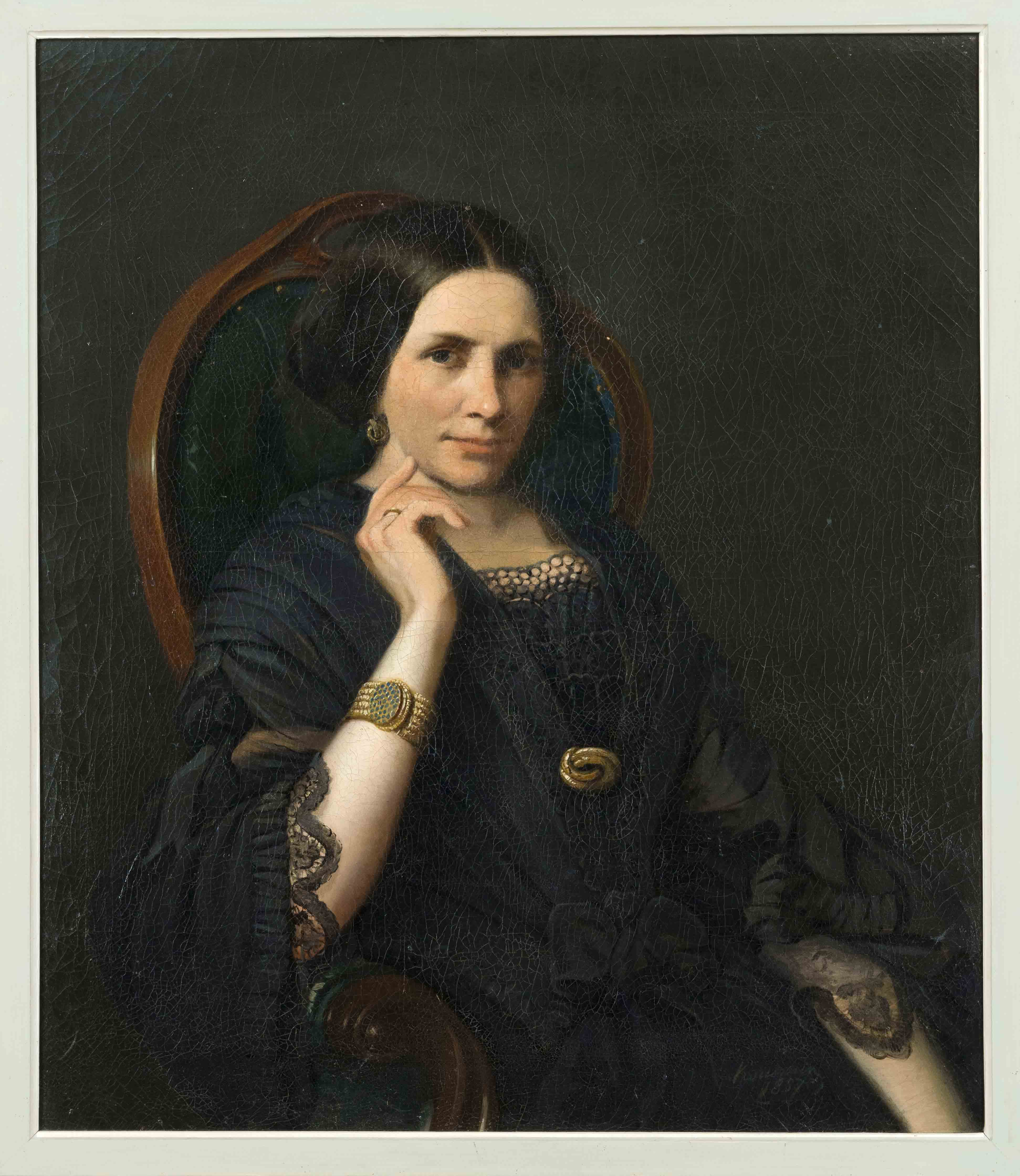 signed Kousmin (?), portrait painter mid-19th century, Portrait of a woman in black, oil on