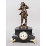 french. Figure pendulum, 2nd half 19th century, with calling boy, burnished white cast iron,