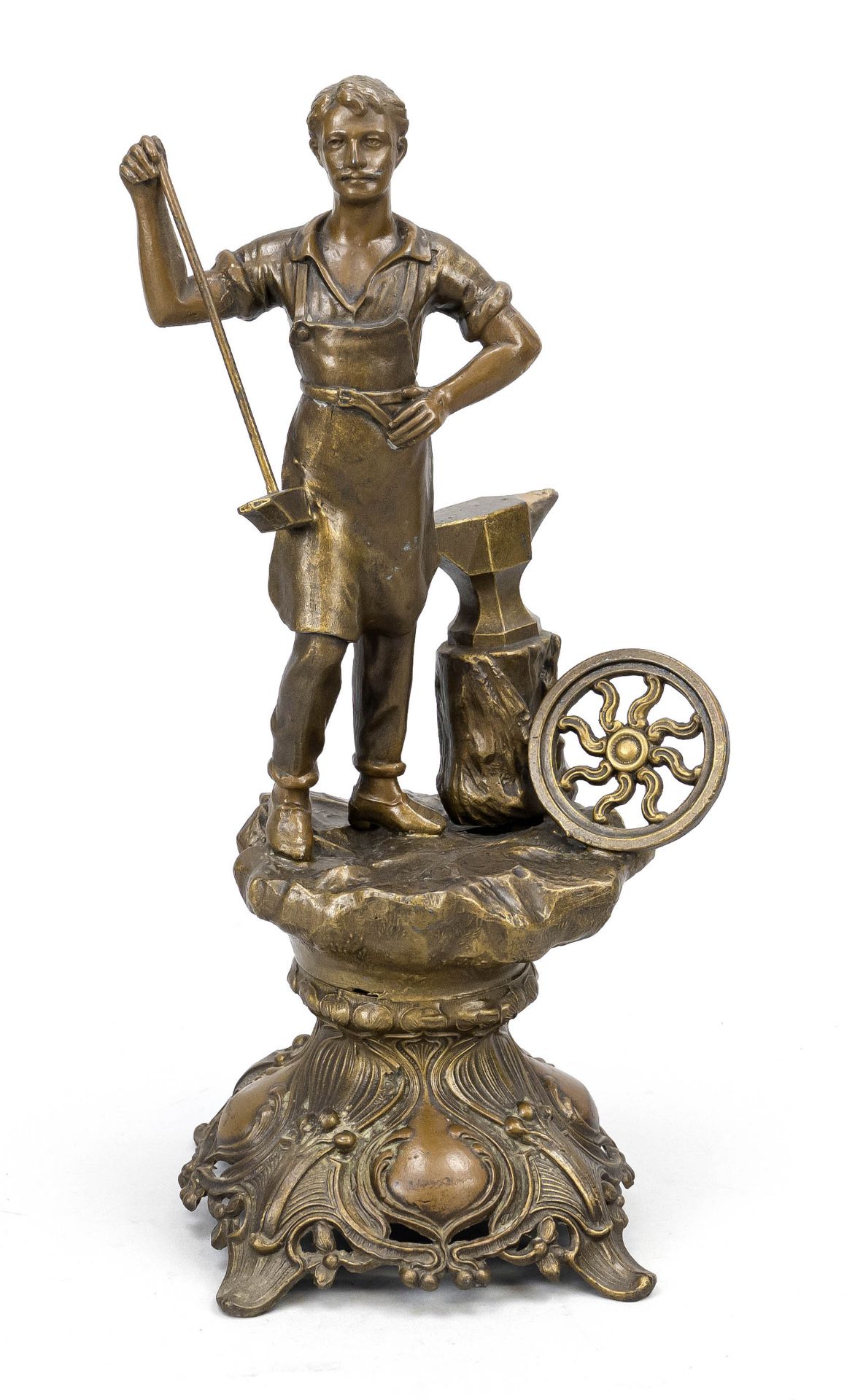 French sculptor c. 1900, blacksmith, golden-brown patinated cast metal on an Art Nouveau base,