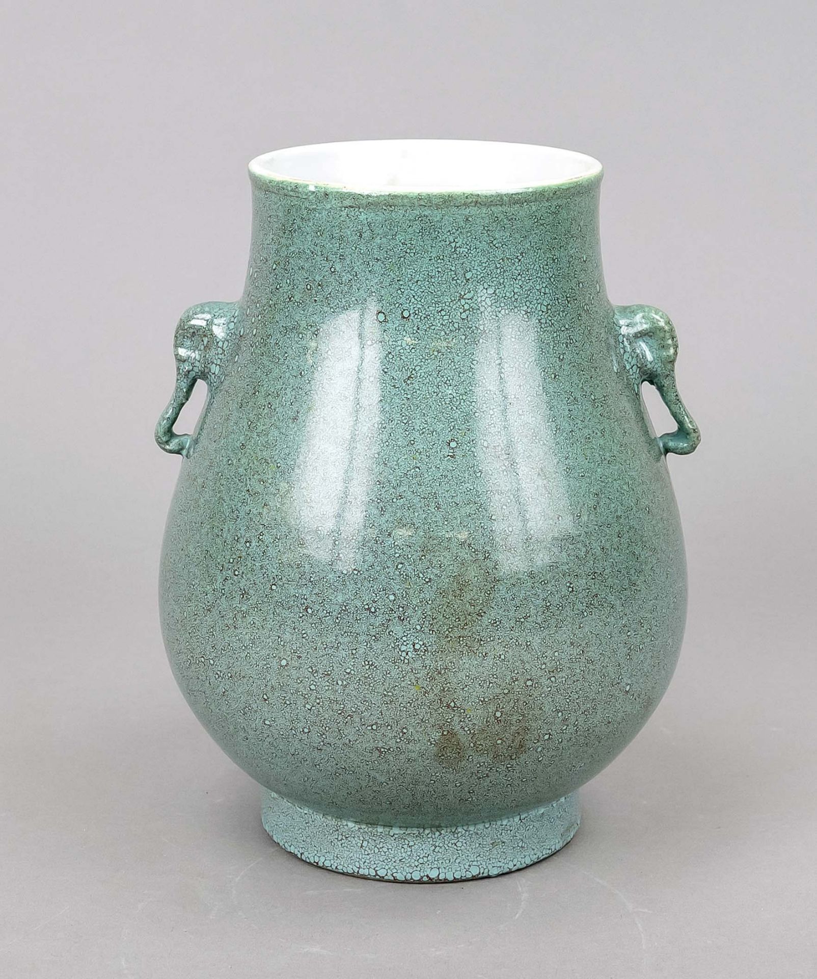 Hu vase with Robins Egg glaze, China. Bellied shape with wide neck, handles as elephant heads.