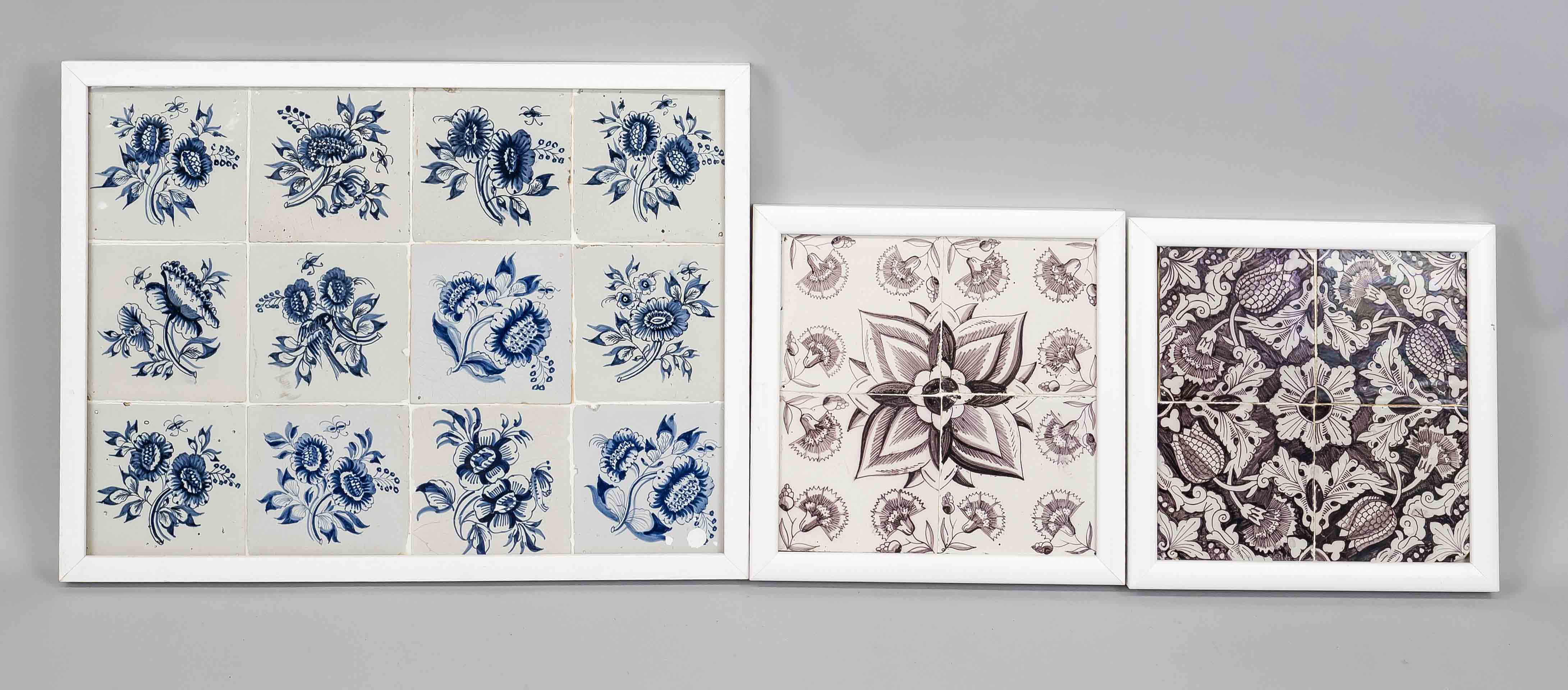 3 tile tableaux with flowers, 18th/19th century, 20 tiles in total, 2x2 tiles carnation rosette