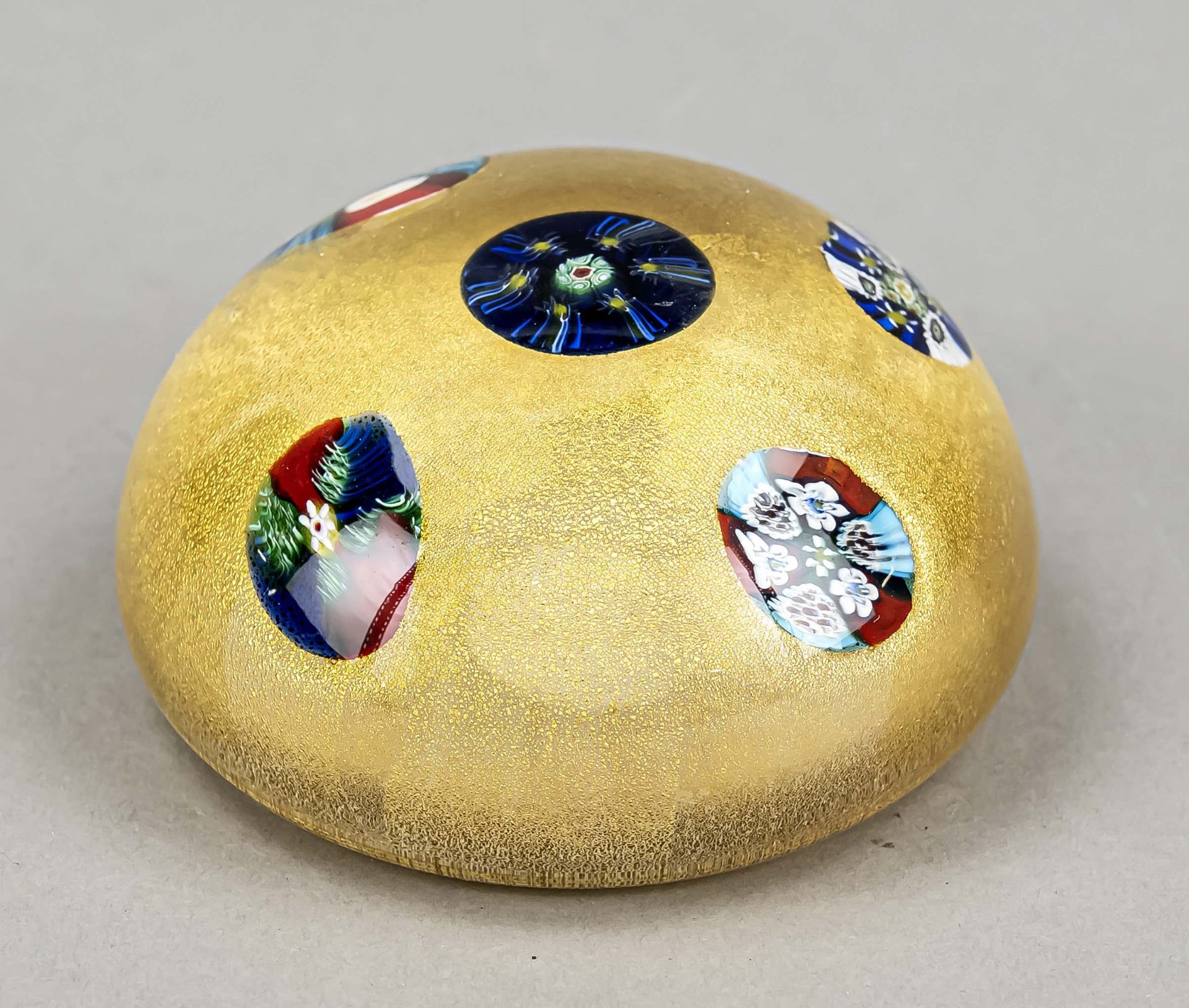 Paperweight, Italy, mid 20th century, Murano, round form, clear glass with fused polychrome murrines