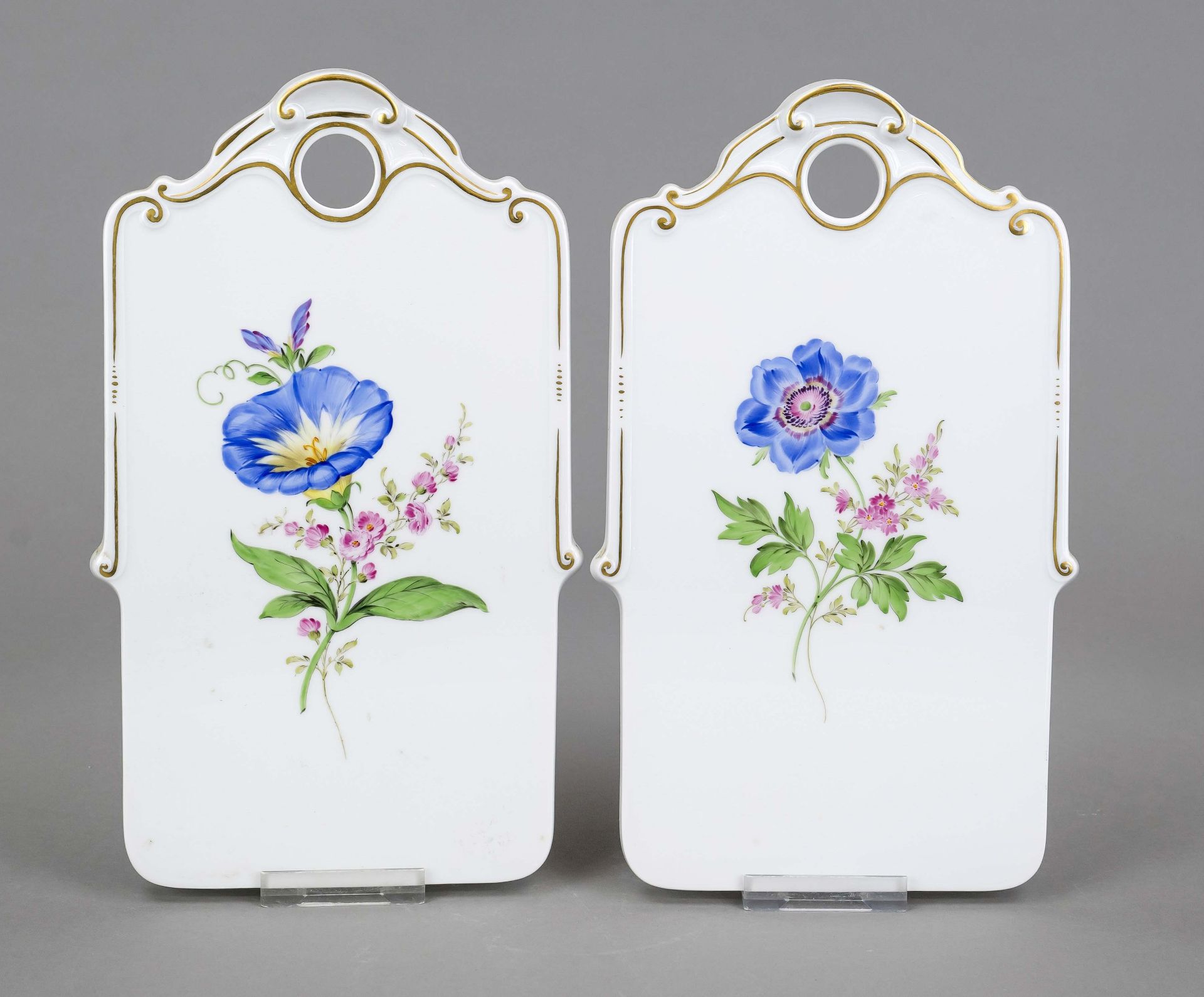 A pair of breakfast boards, Meissen, late 20th century, 2nd choice, polychrome floral painting,