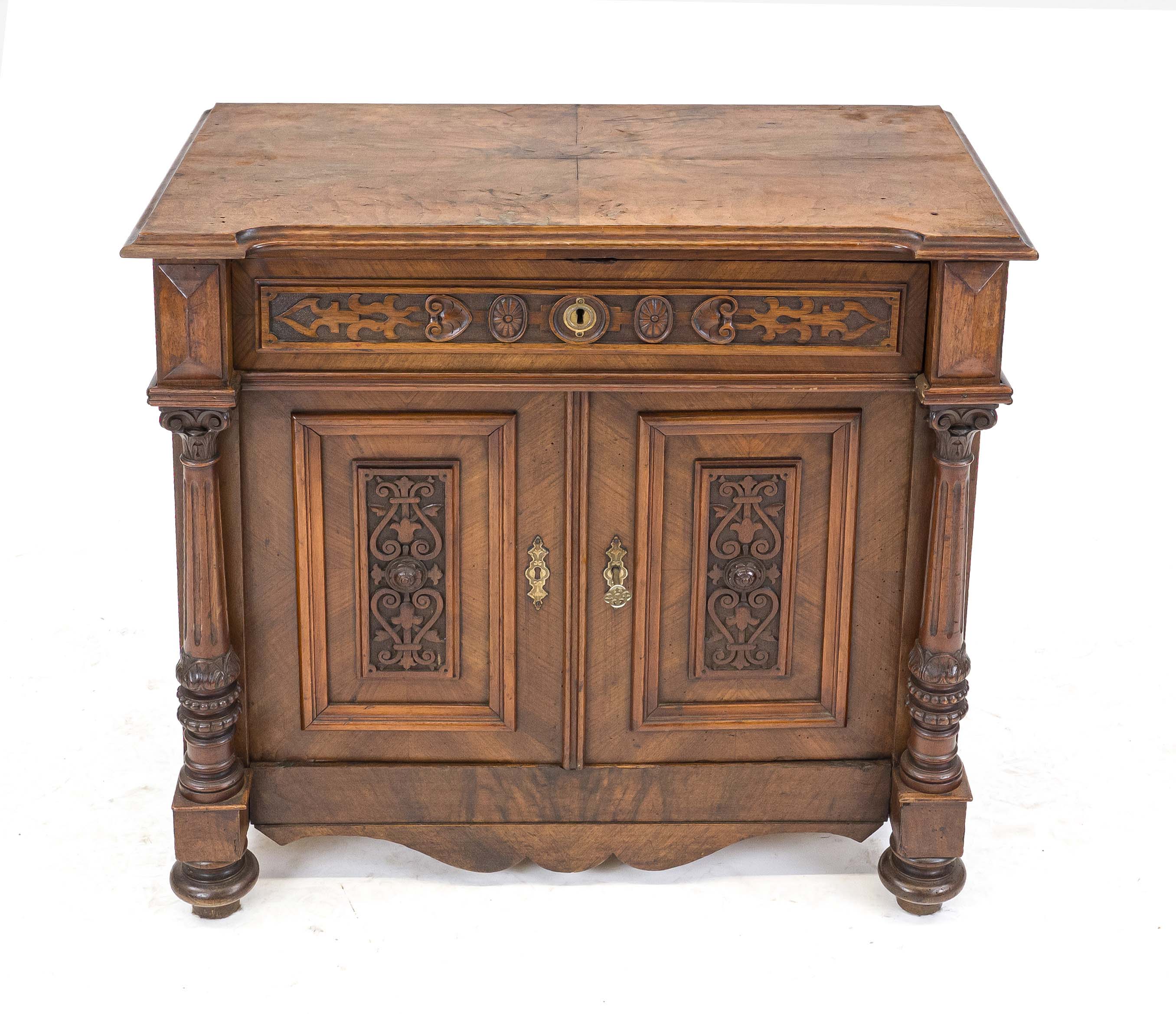 Half cupboard, Wilhelminian style around 1880, walnut, 2-door corpus flanked by carved full columns,