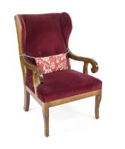 Biedermeier-style wingback armchair from around 1900, walnut-stained beech, 110 x 67 x 60 cm - The