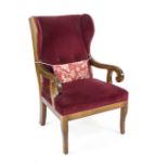 Biedermeier-style wingback armchair from around 1900, walnut-stained beech, 110 x 67 x 60 cm - The