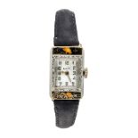 extremely rare Elgin wristwatch ''Lady & Tiger'' in 14 carat white gold and enamel from 1925, this