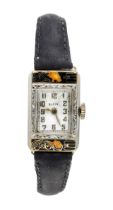 extremely rare Elgin wristwatch ''Lady & Tiger'' in 14 carat white gold and enamel from 1925, this