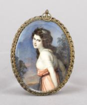 Miniature, 19th century, polychrome tempera painting on bone panel, unopened, oval portrait of
