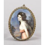 Miniature, 19th century, polychrome tempera painting on bone panel, unopened, oval portrait of