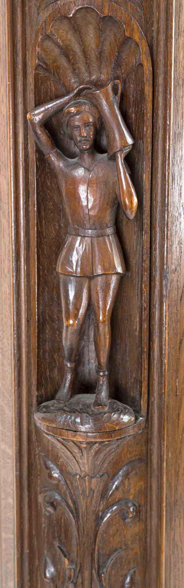 Display cabinet, circa 1930, walnut, 4-door, glazed body on paw feet, carved sides with sculptural - Image 2 of 4