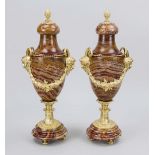 Pair of buck's head decorative vases, 20th century, polished stone and gilded mounting and