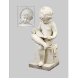 Anonymous sculptor, c. 1900, a toddler learning to read, white Carrara marble, fully sculpted,
