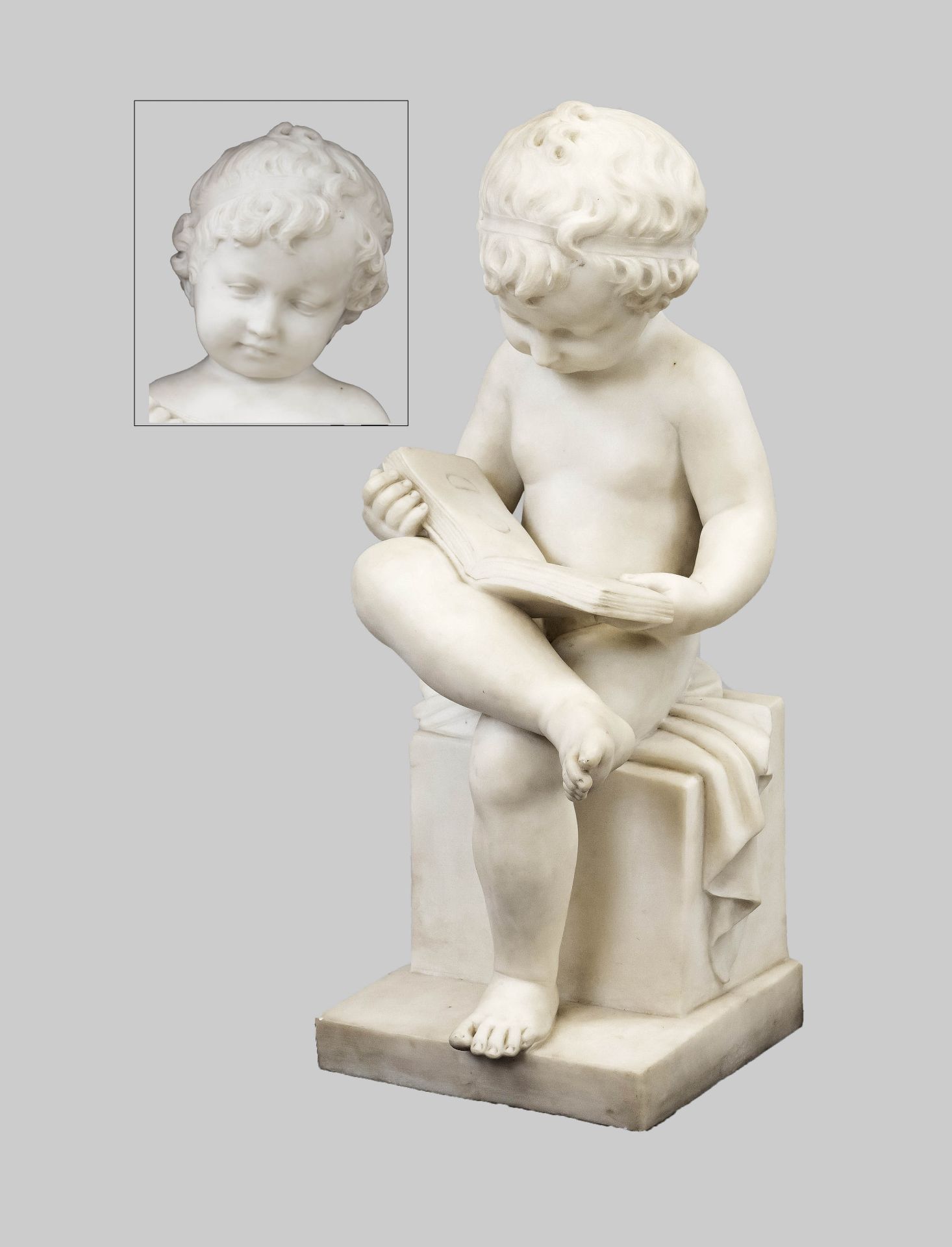 Anonymous sculptor, c. 1900, a toddler learning to read, white Carrara marble, fully sculpted,