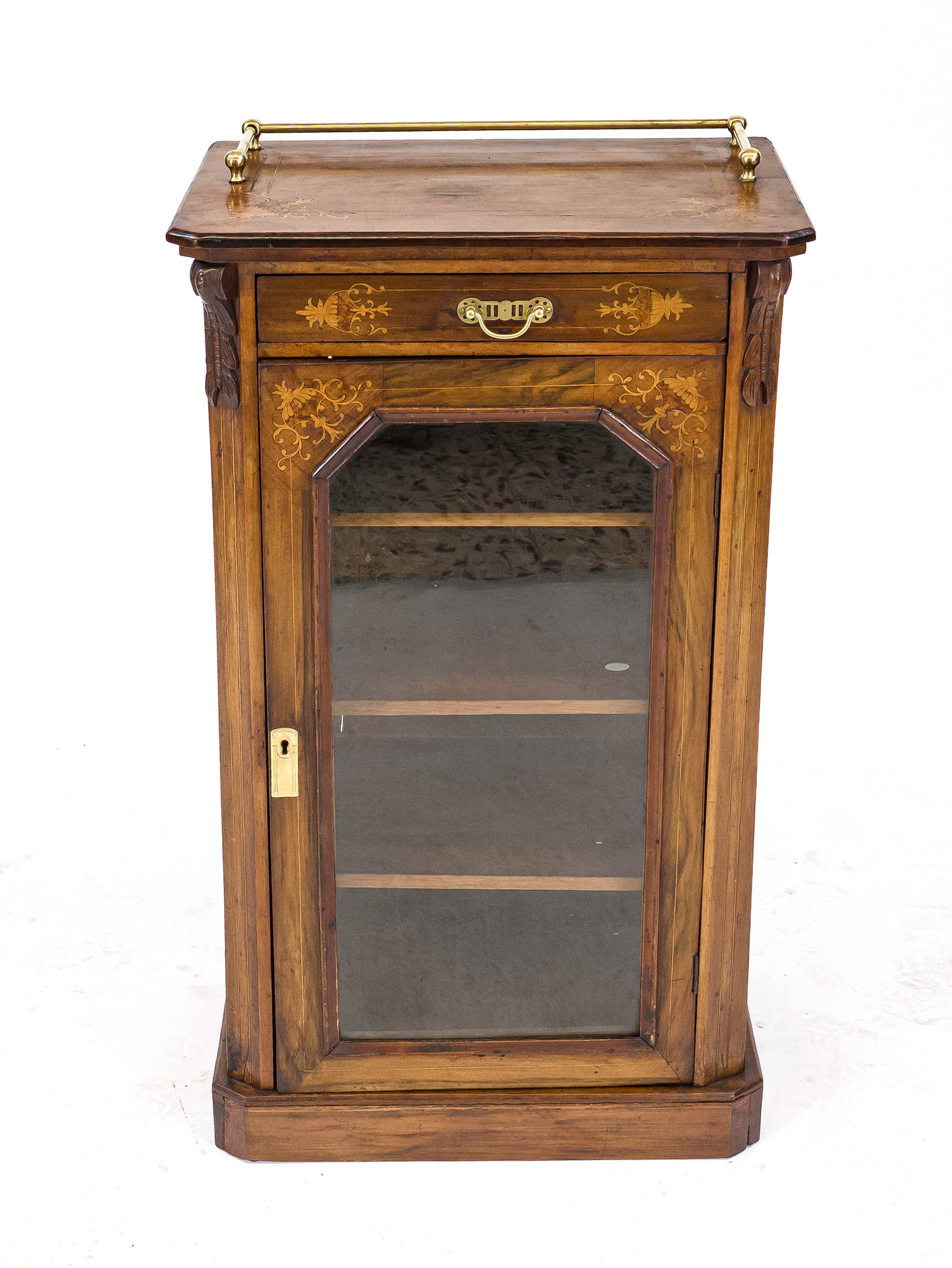 Small display cabinet, 19th century, walnut with floral inlays, 1-door glazed body, above brass rods