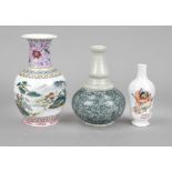 Mixed lot of 3 vases, China, 19th/20th century, various designs and decorations. 1 x the neck cut, 2