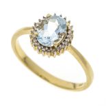 Blue topaz diamond ring GG/WG 585/000 with an oval faceted blue topaz 7.9 x 6.0 mm and 24