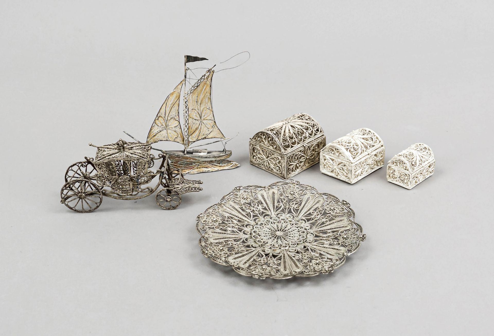 Six filigree pieces, 20th century, silver and plated, 3 stackable lidded boxes, sailing ship,