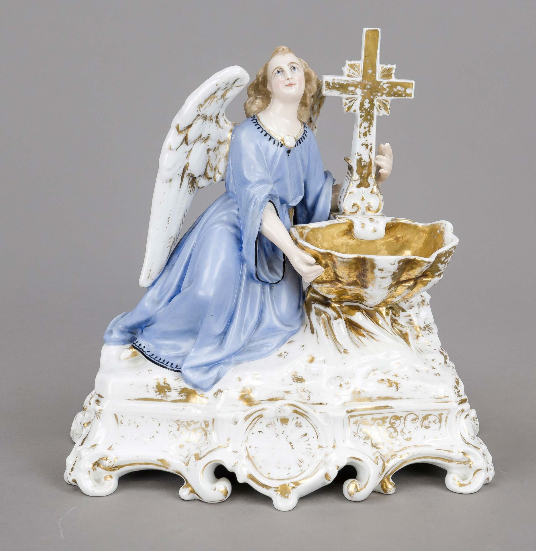 Figural holy water bowl, Vieux Paris, c. 1840, angel carrying the conch shell and the cross, on a