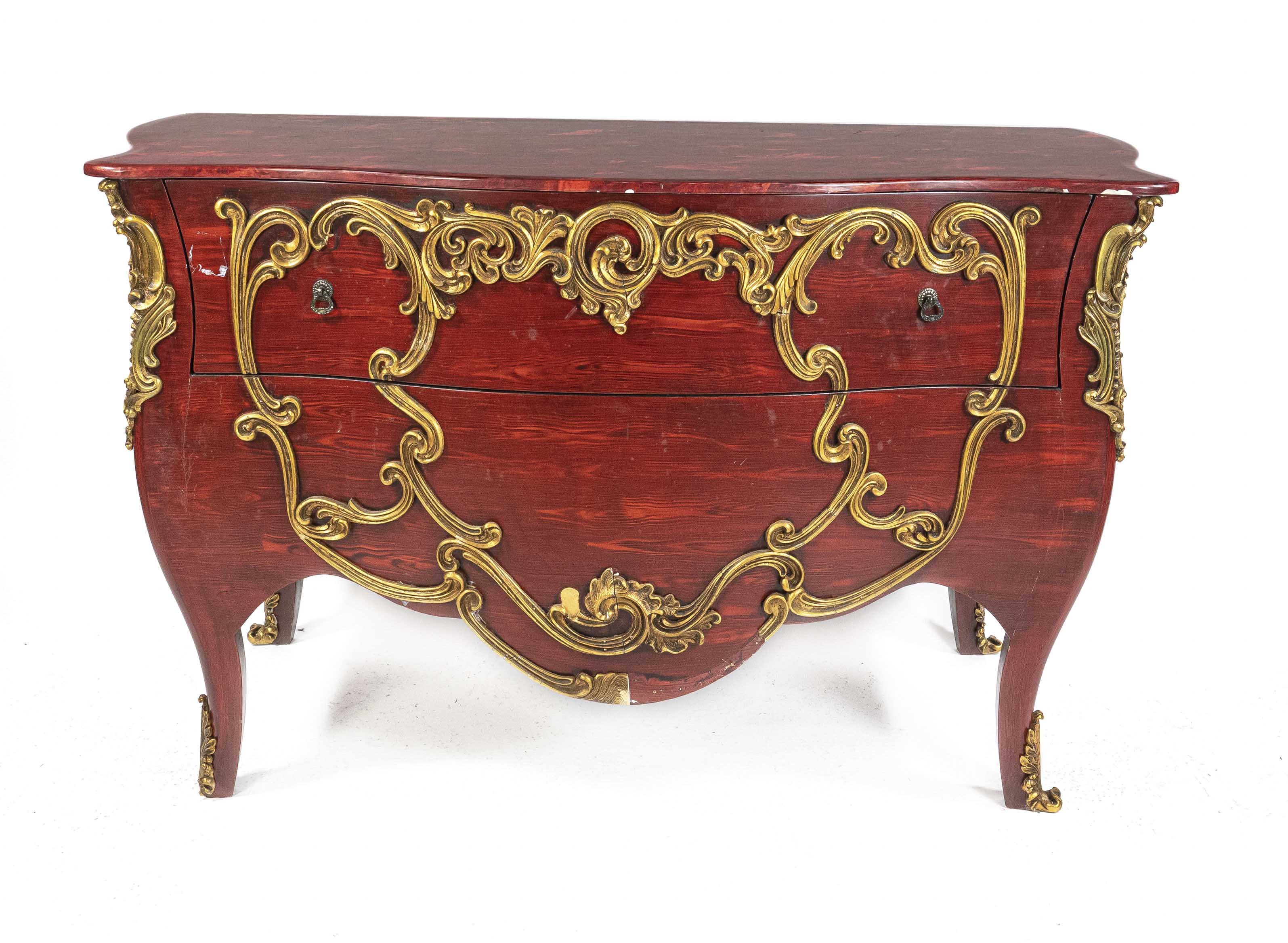 Baroque-style chest of drawers, 20th century, red-painted wood, curved and curved body with one