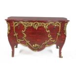 Baroque-style chest of drawers, 20th century, red-painted wood, curved and curved body with one