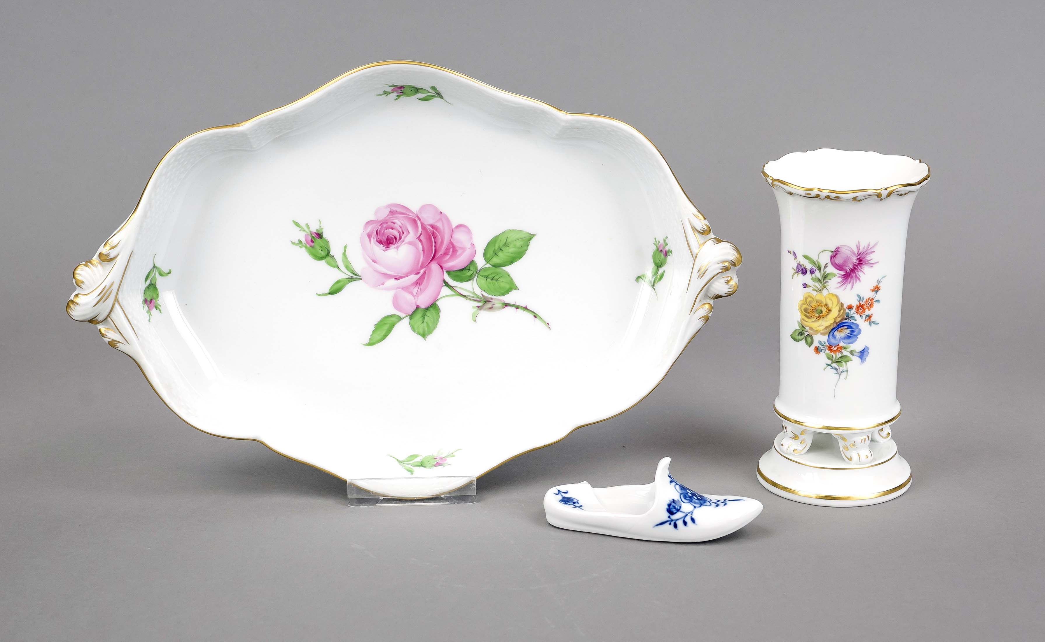 Three pieces Meissen, oval bowl with basket rim, after 1950, 1st choice, red rose decoration, gold