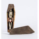 Erotic death, 20th century, wooden coffin with carved leg skeleton, with spring mechanism, phallus