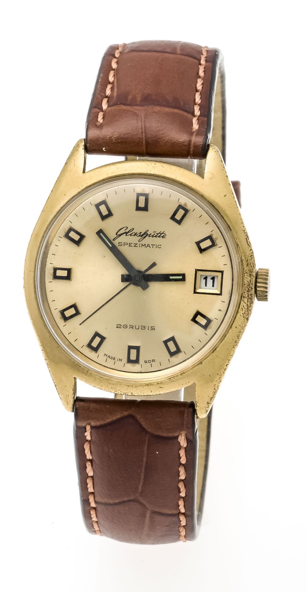 Glashütte Spezimatic automatic Cal. 75, circa 1976, gold-plated case, gold-colored dial with applied