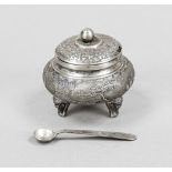 Saliere/Deck jar, Vietnam, 20th century, silver 900/000, on 3 feet, bulging shape, domed plug-in