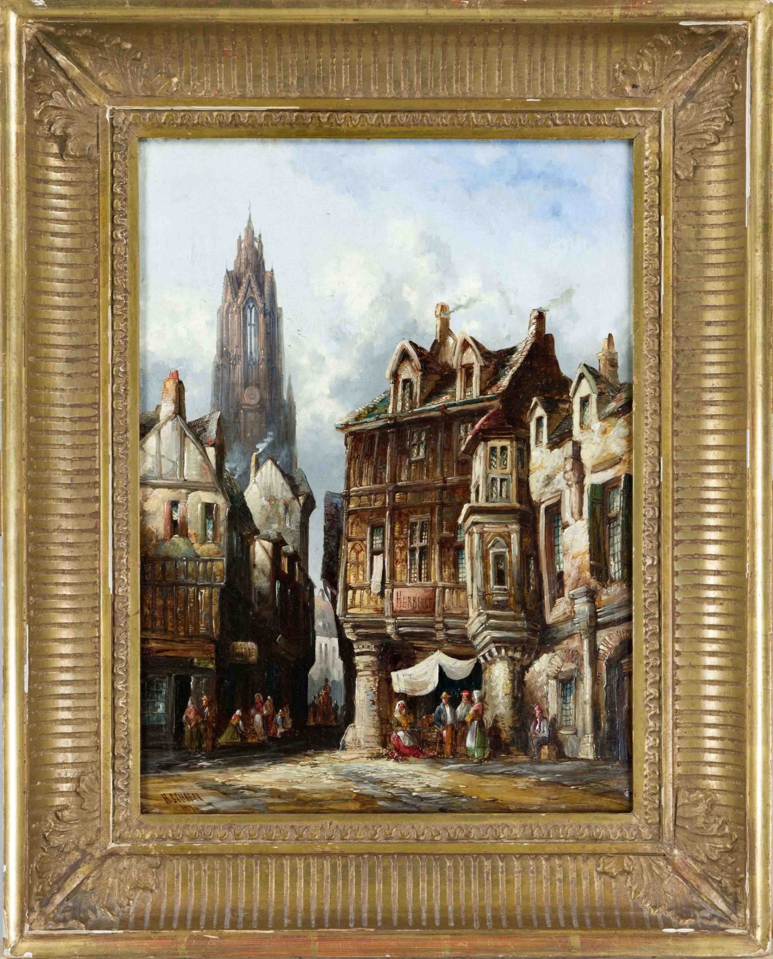 Henry Schafer (1833-1916), idealized old town veduta with figural staffage, oil on canvas, signed