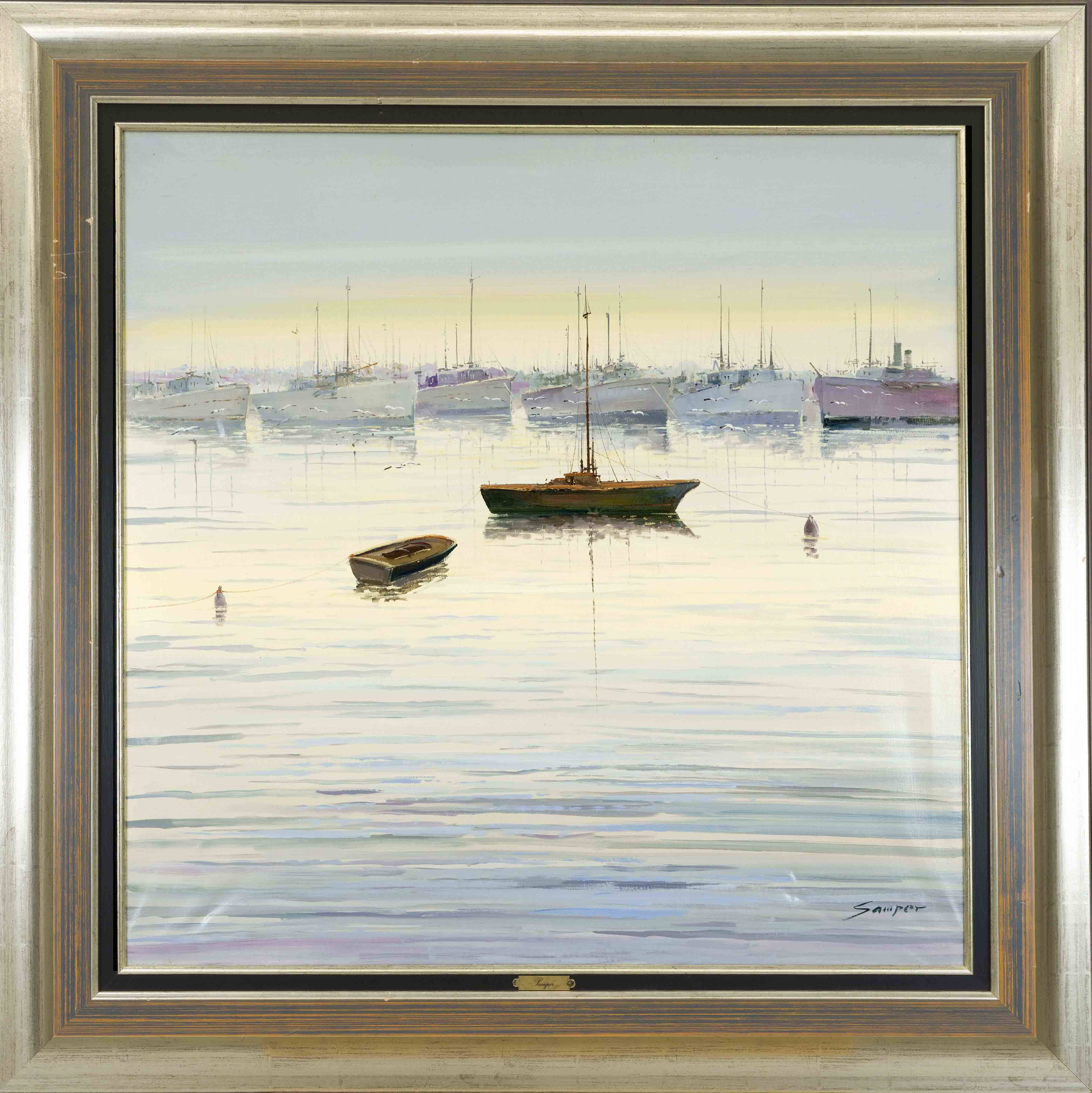 Signed Samper, late 20th century, large harbor scene, oil on canvas, signed lower right, pressure