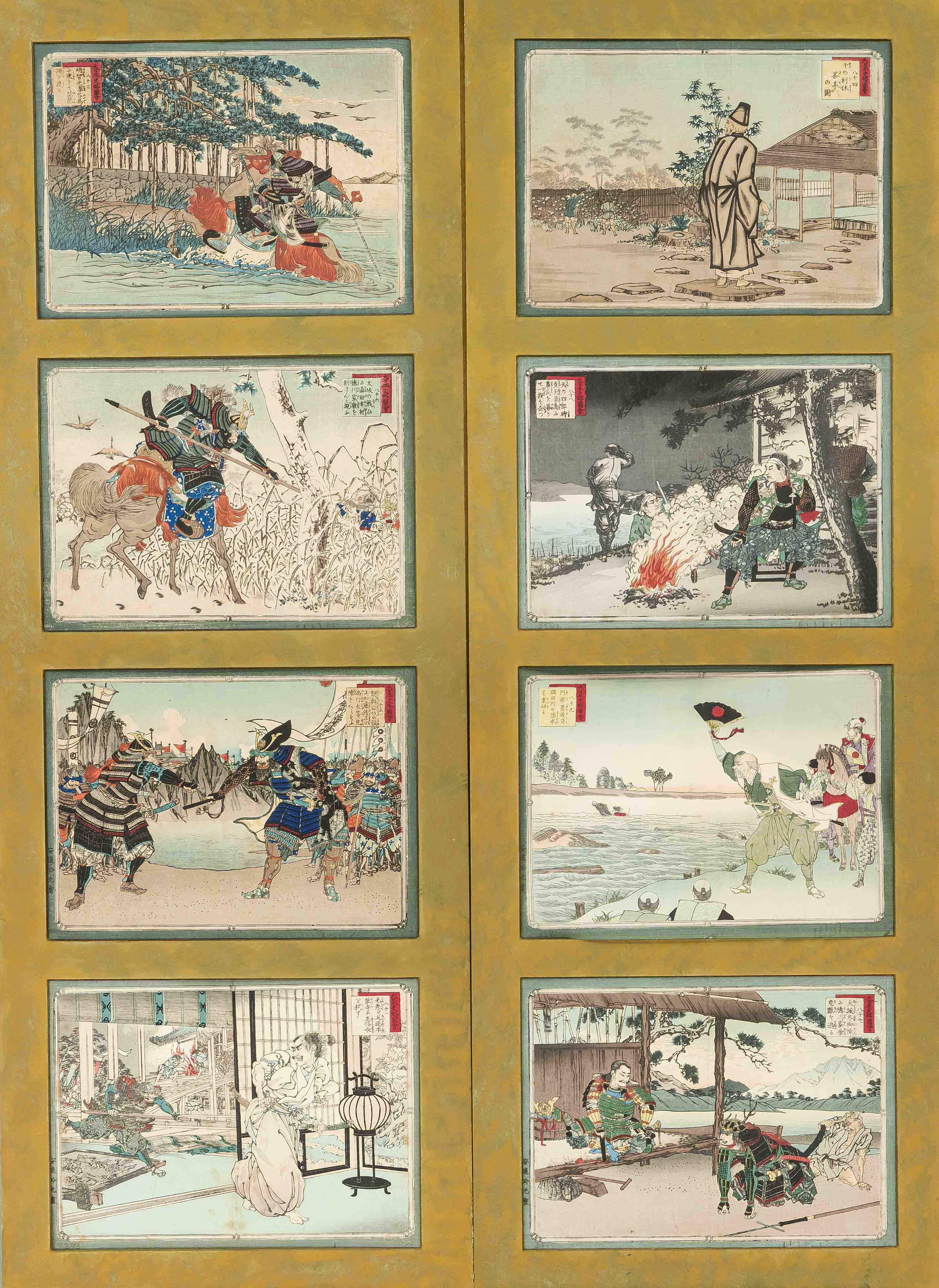 8 woodblock prints by Adachi Ginko, Japan around 1900 (Meiji). 4 each in a thick passepartout,