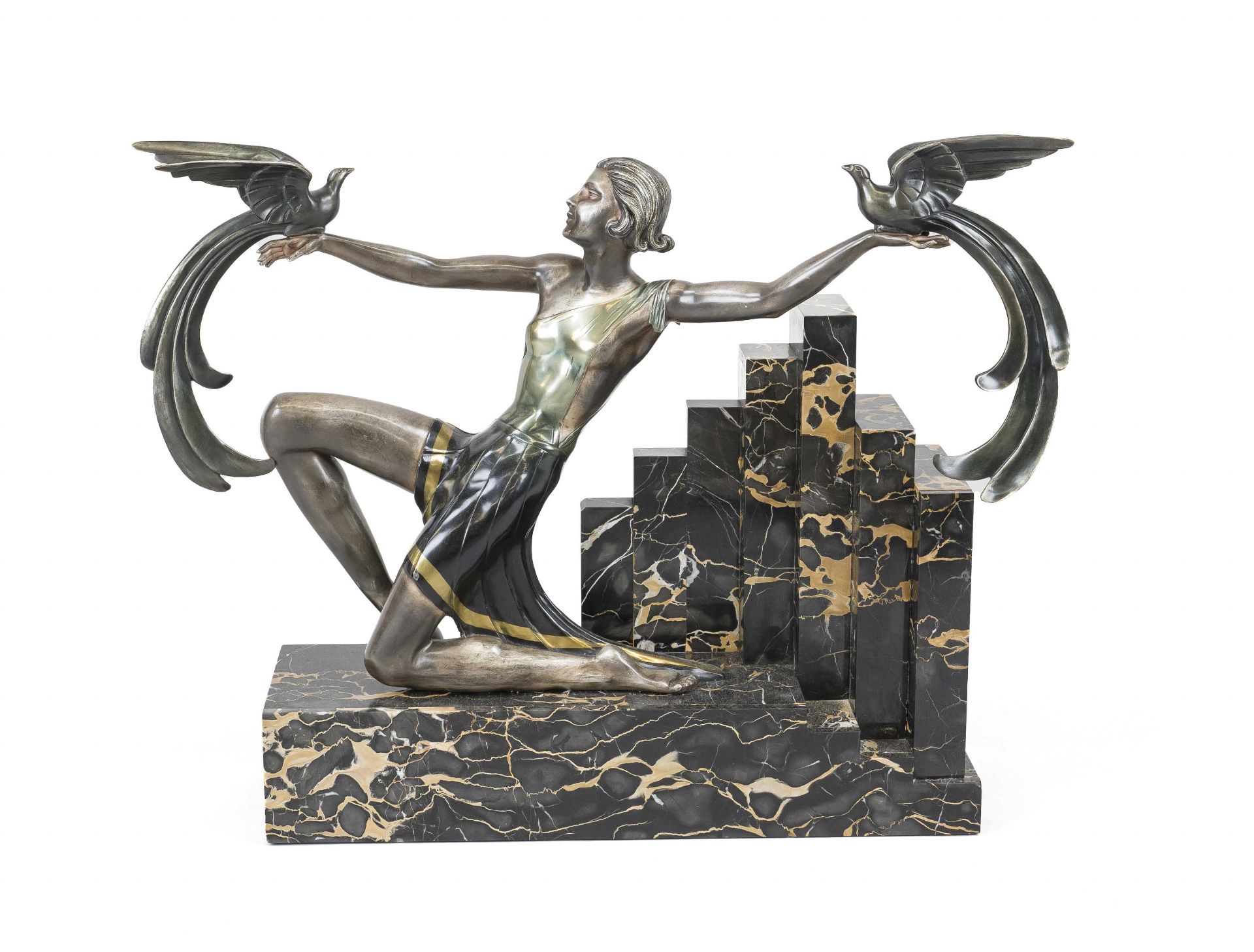 G. Daveny, French Art Deco sculptor c. 1930, dancer with birds of paradise, polychrome painted