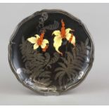 Round bowl, Rosenthal, mark 1938-1956, Chippendale shape, flower painting on black ground, silver