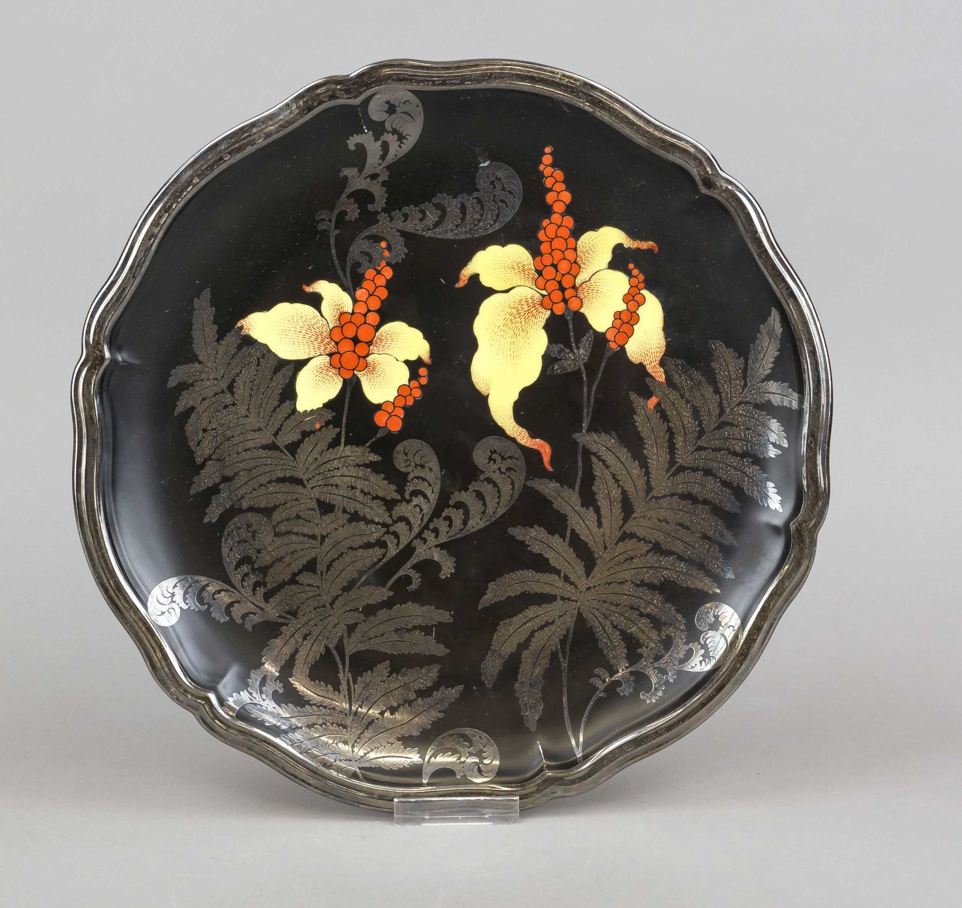 Round bowl, Rosenthal, mark 1938-1956, Chippendale shape, flower painting on black ground, silver