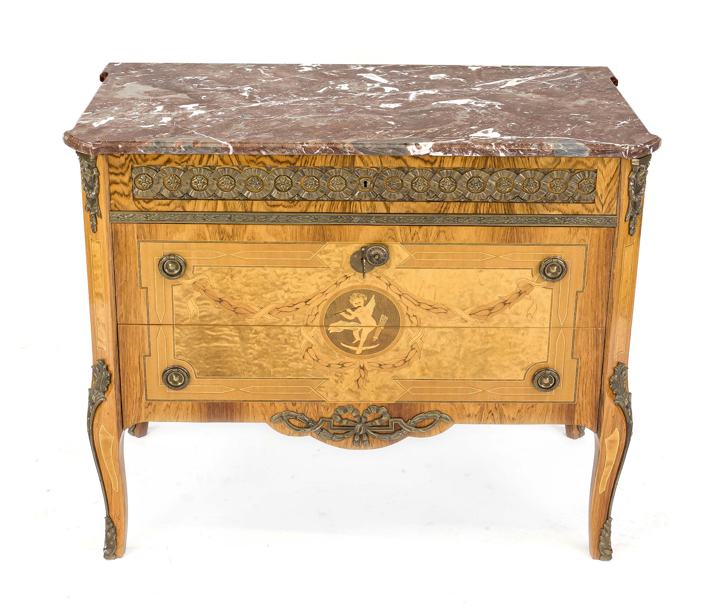 Classicist-style chest of drawers, 20th century, various precious woods veneered and inlaid, body