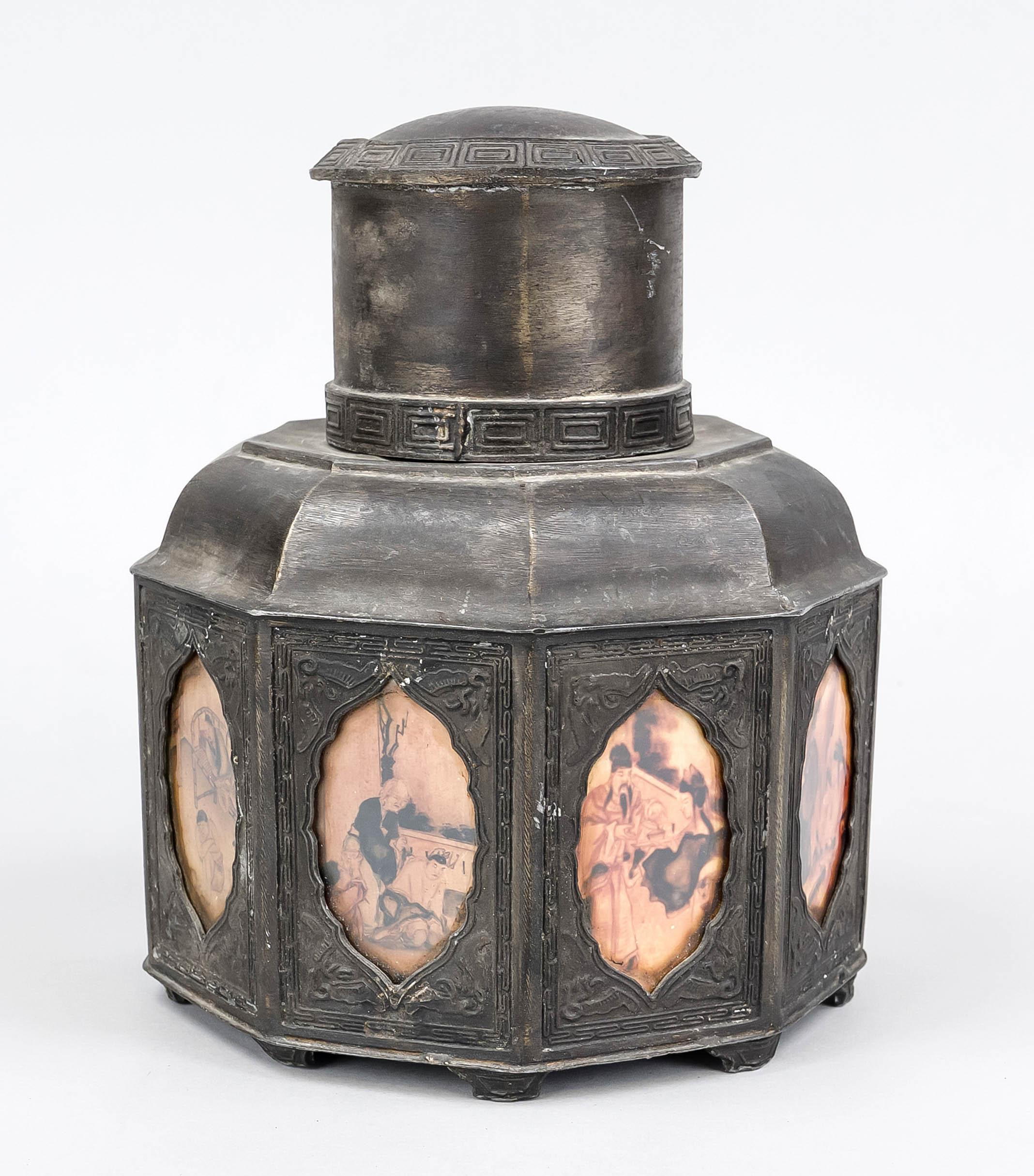 Tea caddy, China late 19th century (late Qing). Faceted pewter body with framed pictures behind