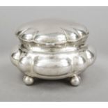 Oval lidded box, German, 20th century, silver 800/000, gilt interior, on 4 ball feet, humped form,