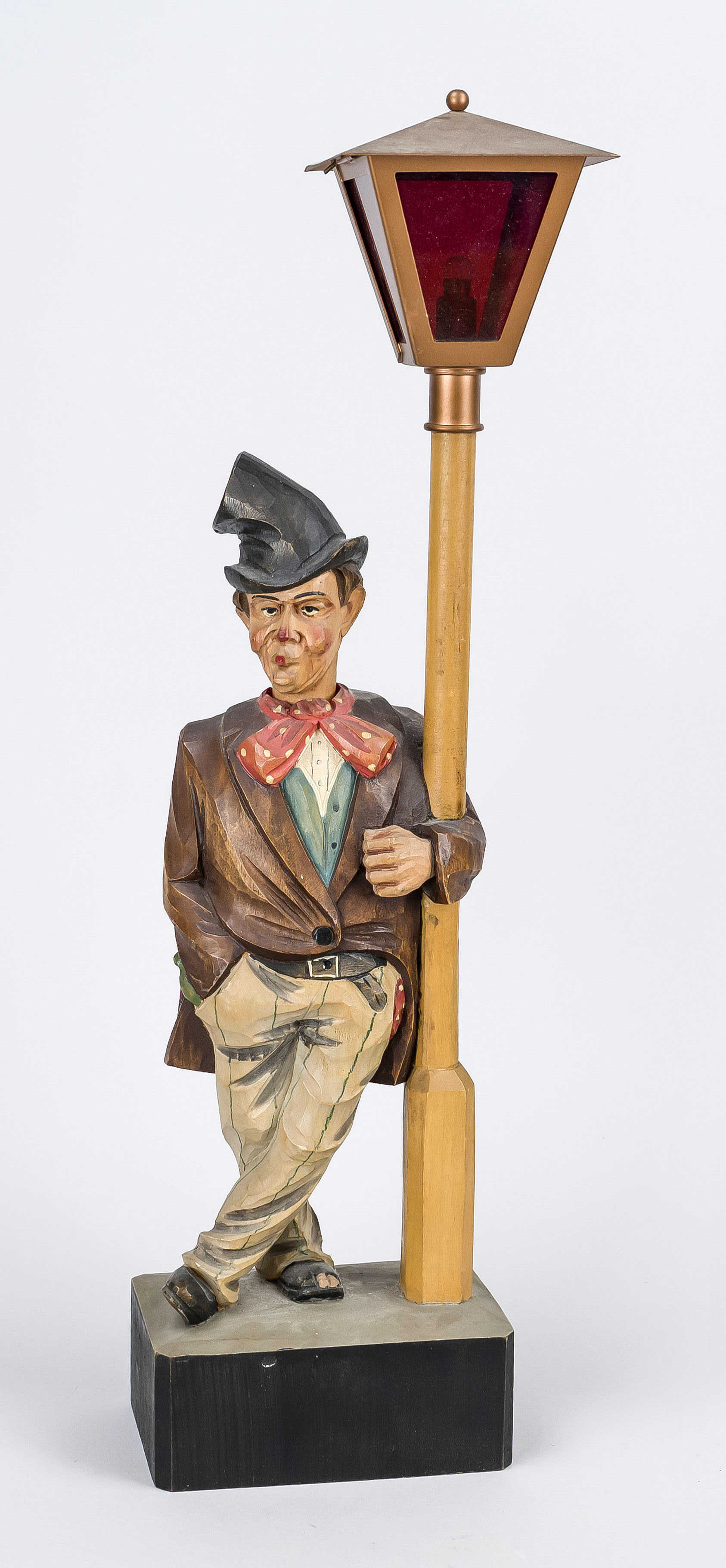 Tramp leaning against a lantern, 20th century, carved and painted wooden figure, mechanism with