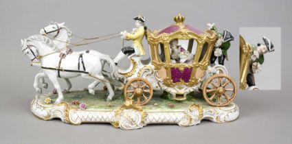 Large rococo carriage with two horses, Unterweißbach, Thuringia, mark 1962-90, elegant noblewoman in
