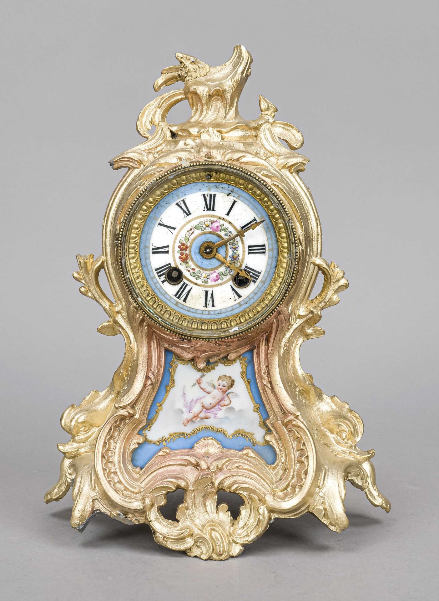 French. Pendulum white cast iron color gilded, 2nd half 19th century, decorated with rocailles, dial