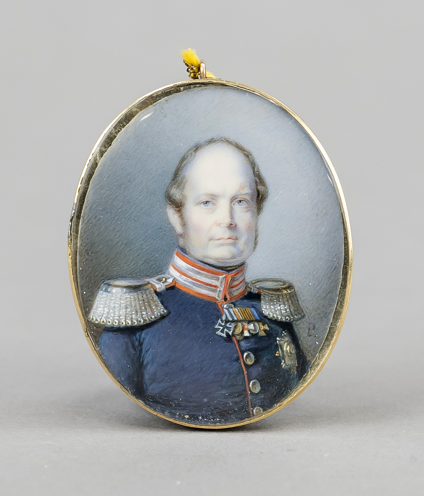 Oval miniature, 19th century, polychrome tempera painting on bone, unopened. Frederick William IV,